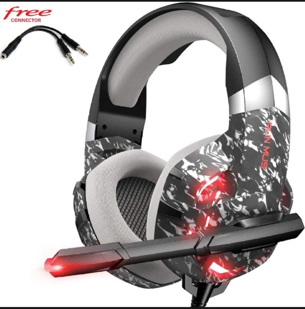 RUNMUS K2 PRO Camo-Grey Wired Gaming Headset, Red LED Lights with Mic, Over-Ear, Sound Stereo Bass and Noise Cancellation, 3.5mm Audio Plug, Padded Ear Cushion, for PS4/PS5/PC/Xbox