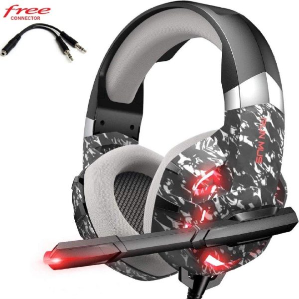 RUNMUS K2 PRO Camo-Grey Wired Gaming Headset, Red LED Lights with Mic, Over-Ear, Sound Stereo Bass and Noise Cancellation, 3.5mm Audio Plug, Padded Ear Cushion, for PS4/PS5/PC/Xbox