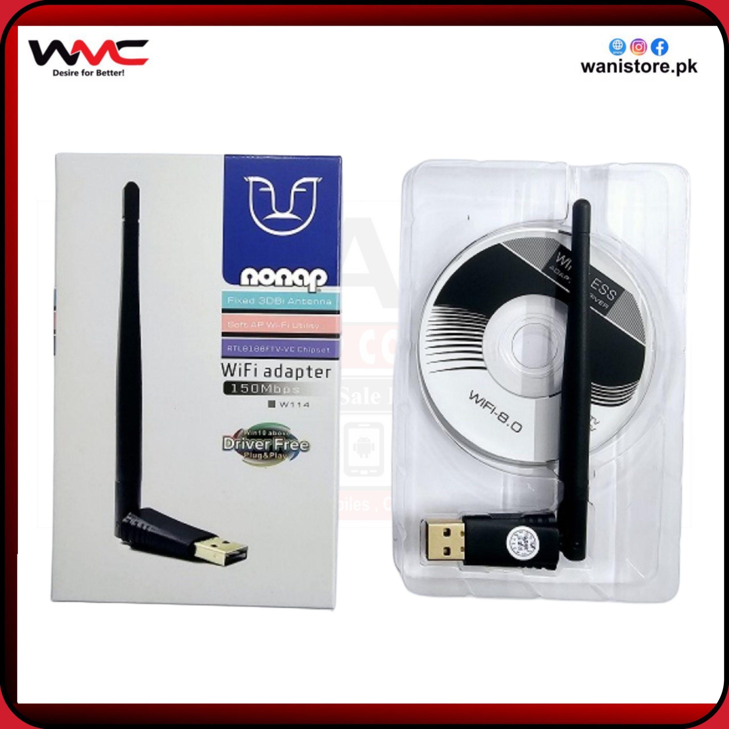 2025/05/1000074240-scaled.jpg Nonap USB WiFi Adapter 150Mbps with Fixed 3dBi Antenna – Model W114 | Plug & Play Wireless Network Receiver | RTL8188FTV Chipset | Driver-Free Installation | Soft AP WiFi Utility by wani - Image 1