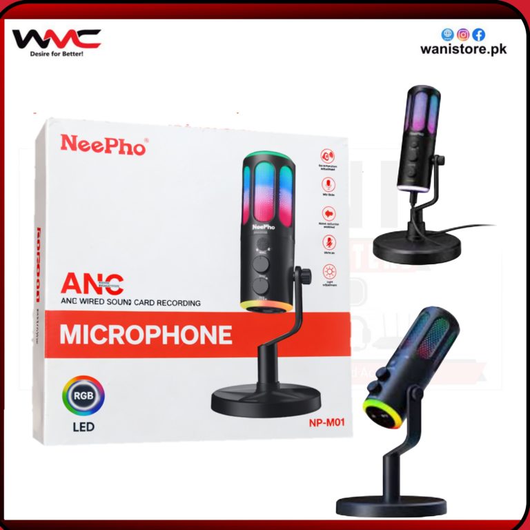 Neepho NP-M01 condenser microphone showing gain and volume control knobs