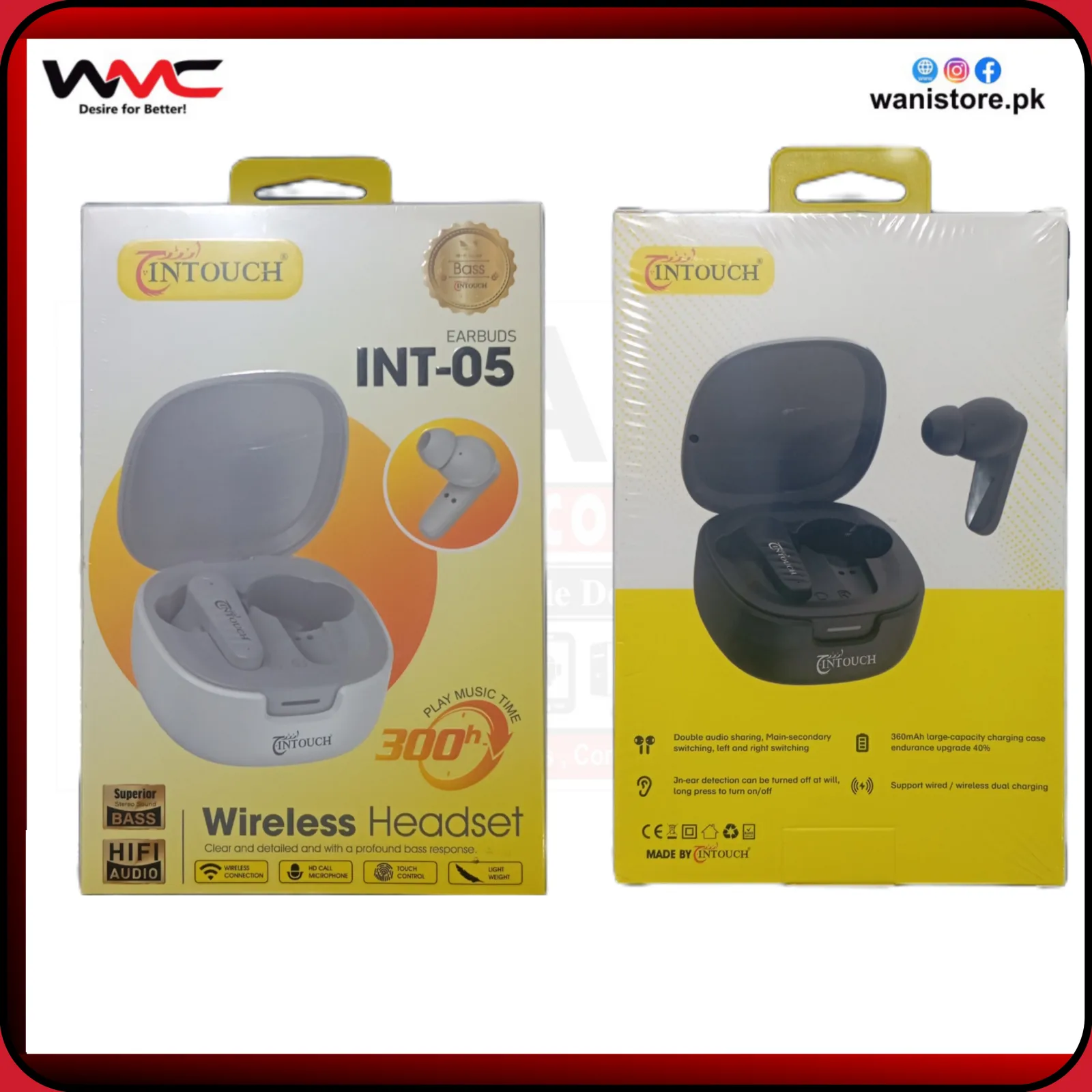 INTOUCH INT-05 True Wireless Stereo Earbuds Box INTOUCH INT-05 TWS Earbuds packaging box front view, mobile accessories by Wanistore.pk