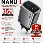 HKT Nano II 35W fast-charging wall adapter, showing its front face with one USB-C port and one USB-A port.