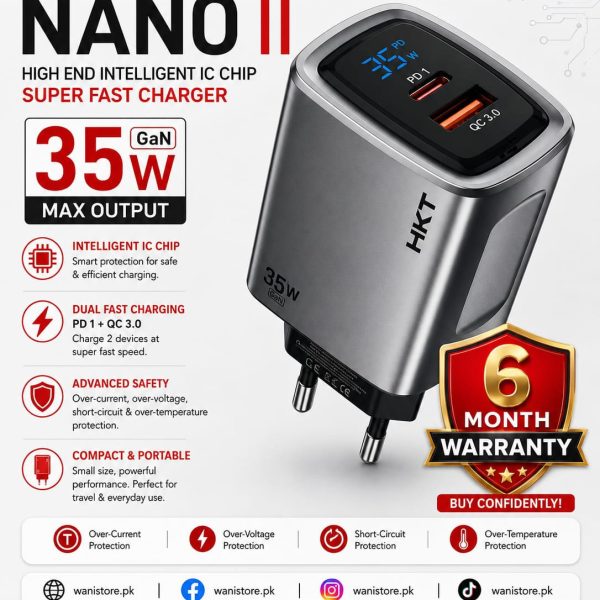 HKT Nano II 35W fast-charging wall adapter, showing its front face with one USB-C port and one USB-A port.