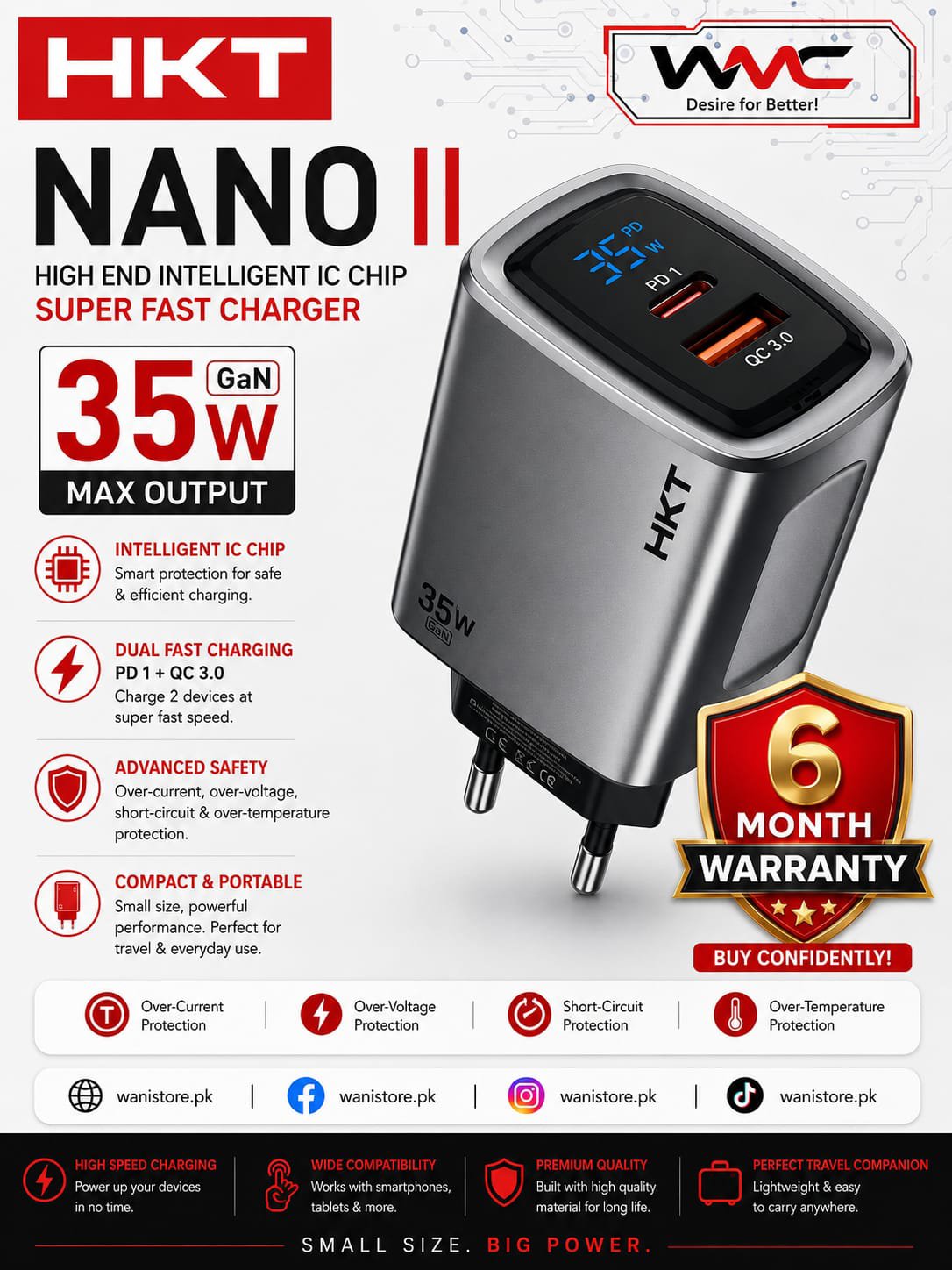 HKT Nano II 35W Dual-Port Fast Charger (USB-C & USB-A) HKT Nano II 35W fast-charging wall adapter, showing its front face with one USB-C port and one USB-A port.