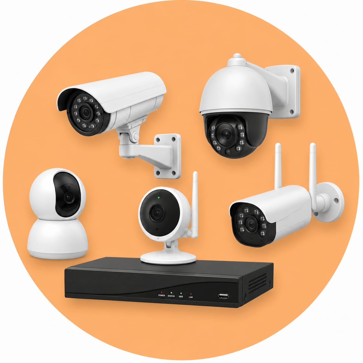 Professional CCTV & Security Systems category image featuring WiFi security cameras, bullet CCTV cameras, dome cameras, PTZ surveillance camera, and DVR/NVR recorder for home, office, shop, warehouse, and business security. Premium surveillance solutions available at Wani Mobile and Computers, Pakistan.